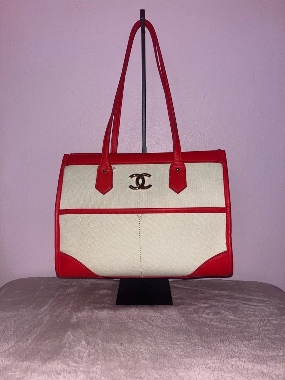 Cream Canvas Tote with Red Leather Trim